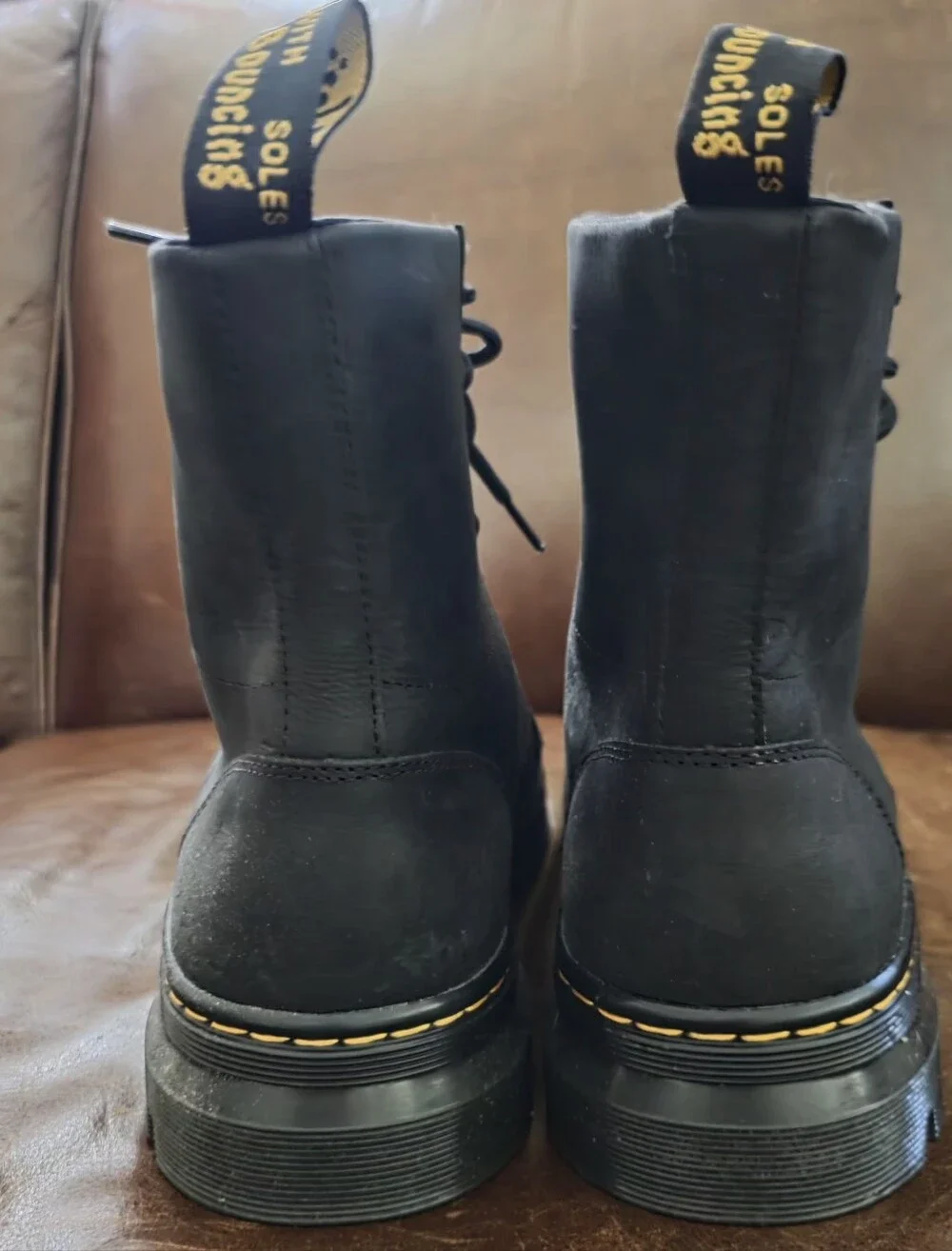 Dr. Martens Black Leather 8-Eye Lace-Up Boots with Yellow Stitch Bouncing Souls